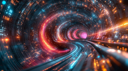 data funnel with swirling digital particles representing data flow innovation information processing efficiency analytics and technological connectivity