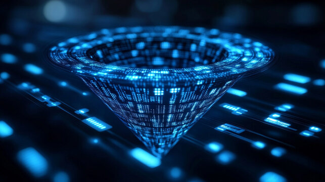 data funnel with swirling digital particles representing data flow innovation information processing efficiency analytics and technological connectivity