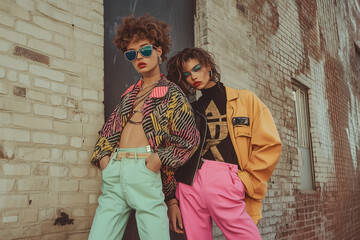 Two models showcase bold vintage-inspired outfits with colorful accessories, posing confidently against a textured brick wall in an urban setting. Generative AI
