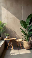 Fototapeta premium sunlight illuminates a minimalist room setting with wooden tables potted plants.