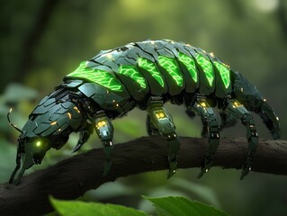 A futuristic mecha caterpillar inspired by a leaf insect, designed with a segmented metallic body that mimics the texture of natural leaves