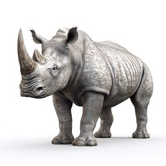 Fototapeta premium A majestic white rhinoceros, powerfully built, stands against a stark white background, showcasing its thick hide and prominent horn. Generative ai