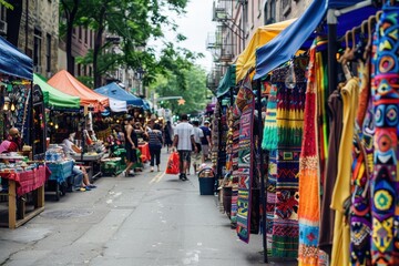 Obraz premium Colorful market street bustling with shoppers and vendors in a traditional setting during sunny daytime in a vibrant tourist area