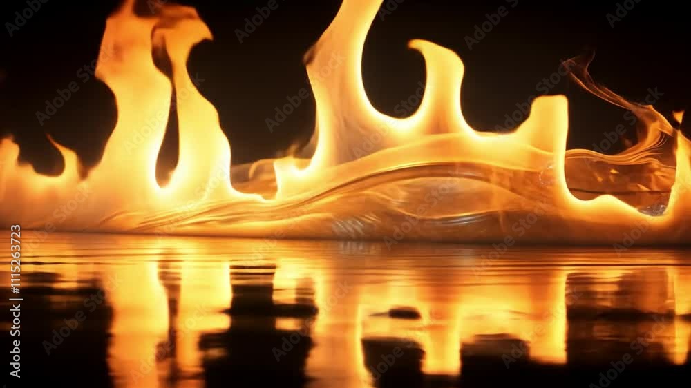Poster fiery reflections: a mesmerizing display of fire dancing on a dark, reflective surface. the flames c