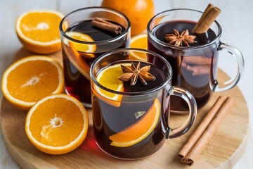  Cups of Christmas mulled wine or  with spices and orange slices on rustic table top view.