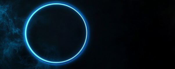 Bright 3D neon blue circle frame with a glowing edge against a dark neon black backdrop, creating a striking contrast.