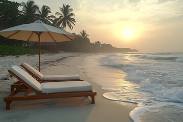 Obraz premium Beach chair under the big umbrella and was on the beach. Beautiful beach. Chairs on the sandy beach near the sea. Summer holiday and vacation concept for tourism. Inspirational tropical landscape. 