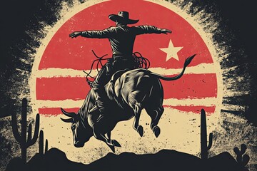 A cowboy on a bucking bull desert backdrop circular design vector black and white simple