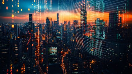 Obraz premium Modern Smart City Skyline At Sunset Illuminating Data Connectivity, Technology, Future