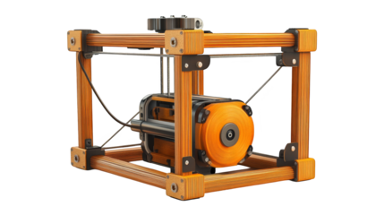 A yellow industrial machine with wheels resembling a toy forklift or tractor