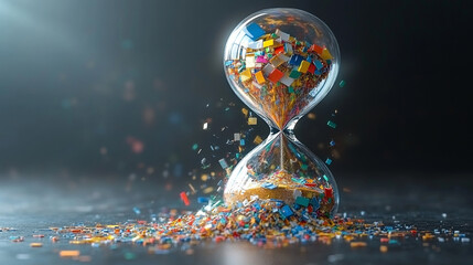 hourglass with digital pixels spilling like sand symbolizes the fusion of traditional timekeeping and digital transformation reflecting the passage of time in a technology-driven era