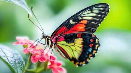 Obraz premium Vibrant Red and Green Butterfly on Pink Flower