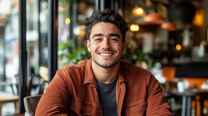Fototapeta premium A man is smiling and wearing a brown jacket