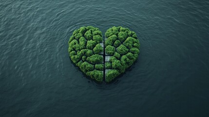 Aerial view of a heart-shaped island formed by lush greenery, surrounded by calm water, symbolizing love for nature.