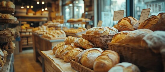 Freshly baked loaves of bread displayed on wooden shelves and baskets in a bakery.