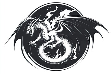 A dragon breathing fire wings spread wide flames behind circular design vector black and white simple