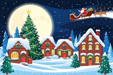 Fototapeta premium Winter snow landscape and houses with Christmas tree. Background with moon and the silhouette of Santa Claus flying on a sleigh