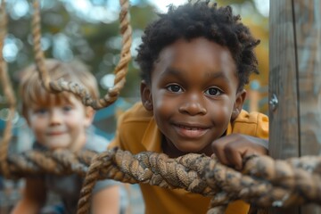 Two cheerful children enjoying outdoor play on a climbing frame.