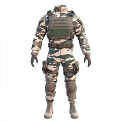 Fototapeta premium A full military uniform with a camouflage pattern, isolated on white background, symbolizing readiness and functionality, perfect for action-themed artwork, defense equipment catalogs