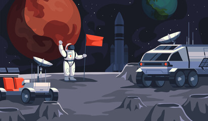 Mars exploring. Astronaut in spacesuit sets flag on planet, space discoveries, special cosmos machinery, moon rover, cosmonaut travel landscape, cartoon flat isolated tidy vector concept © YummyBuum