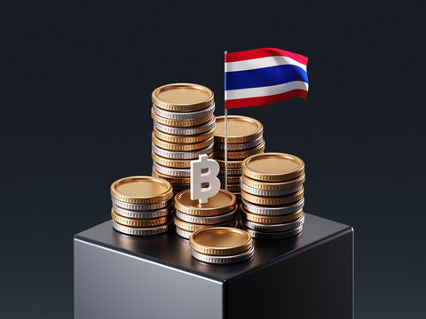 Baht currency sign money exchange gold cash coin on 3d Thailand flag background global financial thb symbol. Wealth business finance economy banking investment savings profit rate value price budget.