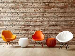 A collection of retro-inspired chairs in bold colors against a faded brick wall, worn textures and playful arrangement, urban industrial style