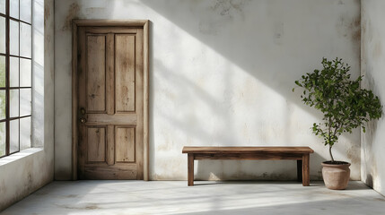 Rustic Room: Wooden Bench, Door, Plant, Sunlight