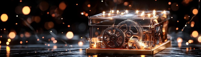 A glowing steampunk gift box with mechanical details, illuminated by string lights, gears, and brass finishes, perfect for a unique Christmas celebration