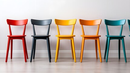 Obraz premium A line of minimalist monochrome chairs, each painted in a different vivid color, placed against a clean white wall, high contrast and simplicity
