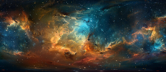 Fototapeta premium Immersive 360-degree space environment map featuring a vivid nebula and countless stars. Captured in equirectangular projection for HDRI spherical panorama