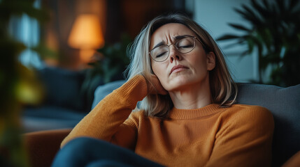 A 50 year old woman is tired after work and is sitting on the sofa