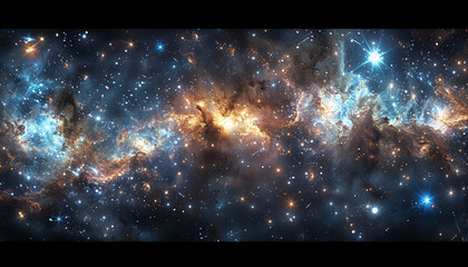 Obraz premium Mesmerizing 360-degree equirectangular space background with dynamic nebula and shimmering stars. HDRI spherical projection for immersive panoramas