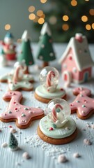 Stunning Christmas tree-shaped cookies with green icing and gold sprinkles, arranged on a white platter surrounded by ornaments, creating a festive centerpiece.