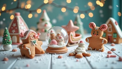Obraz premium Stunning Christmas tree-shaped cookies with green icing and gold sprinkles, arranged on a white platter surrounded by ornaments, creating a festive centerpiece.