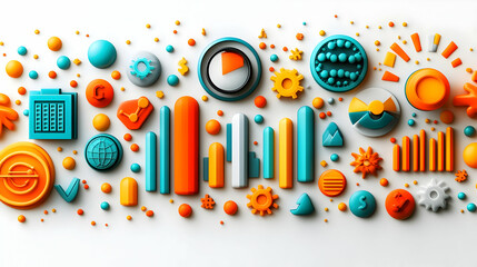 Obraz premium 3D Abstract Digital Art Business Analytics Icons Charts Graphs Isolated White Background