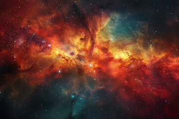Fototapeta premium Stary night cosmos filled with a radiant nebula, bursting with shades of red, orange, and yellow. The celestial scene captures the beauty of the universe and the brilliance of distant galaxies