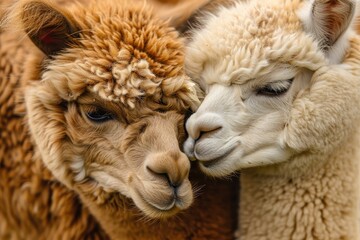 Obraz premium Two adorable alpacas nuzzle affectionately in a serene pasture during a bright sunny day, showcasing their soft, fluffy coats and endearing expressions
