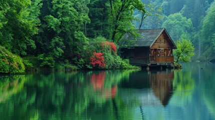 Obraz premium Tranquil Cabin by the Lake
