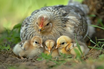 Obraz premium Hen nurturing her adorable chicks in a lush green setting during a warm spring day under natural sunlight