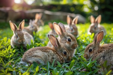 Obraz premium Two playful rabbits frolic in lush green grass under bright sunlight during a warm spring afternoon in a garden