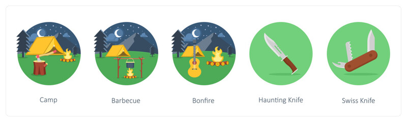 A set of 5 camping icons as camp, barbecue, bonfire