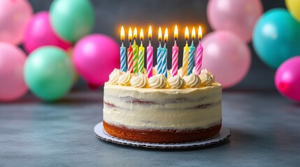 A cheerful birthday party scene filled with colorful balloons and a charming cake with lit candles adding to the joyful ambiance of the celebration.