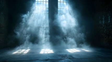 Naklejka premium Mysterious Fog Illuminates Brick Room, Sunbeams Dance on Floor