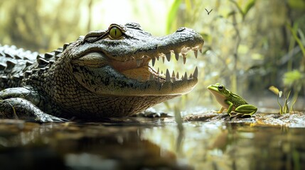 Fototapeta premium A Confrontation in the Swamp: Alligator and Frog