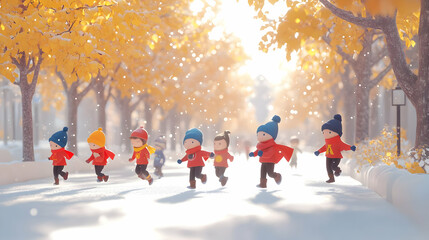 3D Superhero Kids Playing in Sunny Park with Abstract Background and Copy Space