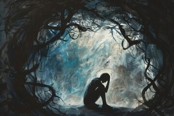 Fototapeta premium A silhouette of a person sitting in a dark, twisted space surrounded by shadows, conveying a sense of isolation and introspection during a reflective moment