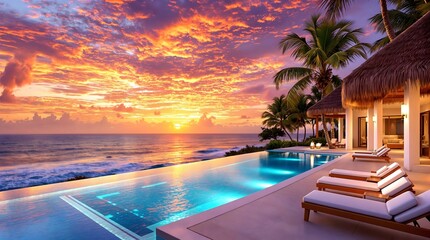 Luxurious Beachfront Villa with Infinity Pool at Sunset with Ocean View and Palm Trees, generative AI