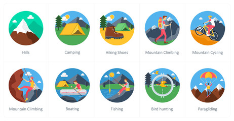 Fototapeta premium A set of 10 camping icons as hills, camping, hiking shoes