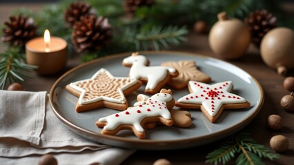 Golden star-shaped cookies dusted with edible shimmer powder and adorned with delicate icing patterns. Displayed on a glass plate with silver and gold holiday decorations.