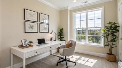 Fototapeta premium Minimalist private office, a bright private office with a sleek white desk placed near a large window